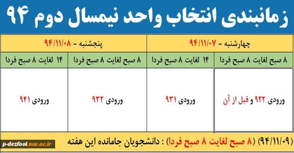 زمان انتخاب واحد نیمسال دوم 94 2