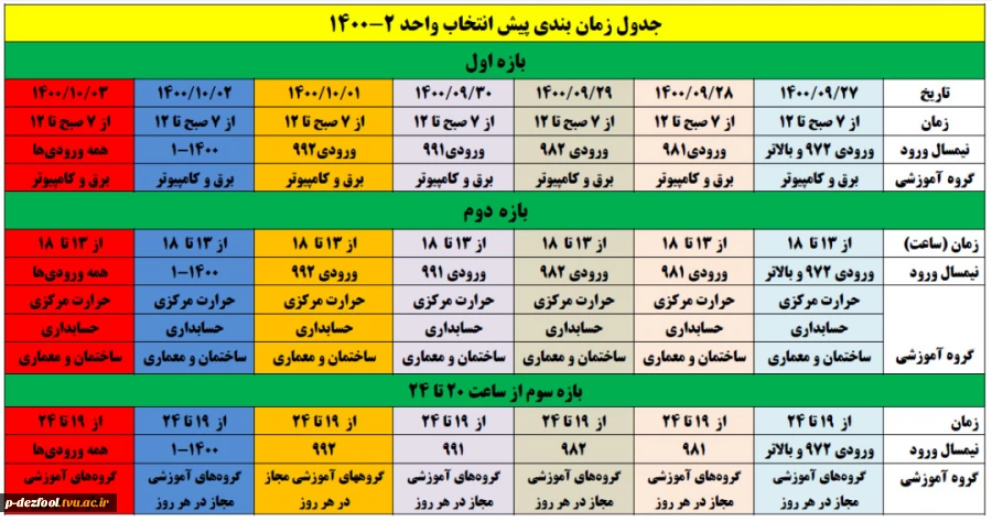 جدول زمان بندی پیش انتخاب واحد 2-1400  2