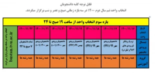قابل توجه کلیه دانشجویان انتخاب واحد نیم سال دوم 1400 در سه بازه زمانی صبح و عصر و شب برگزار میگردد.
 4